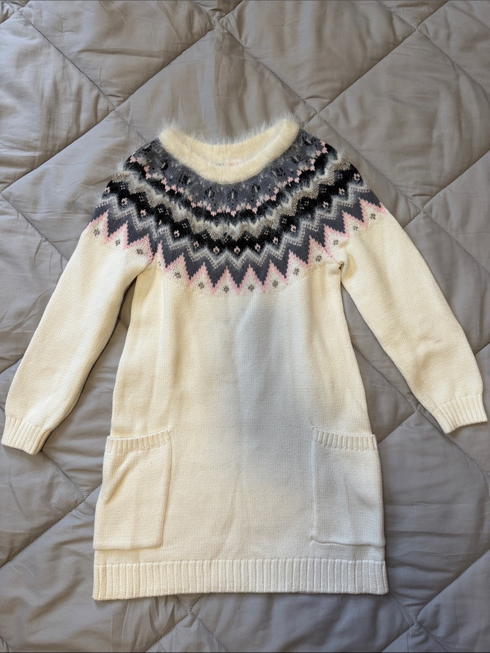 Gymboree off white Sweater Dress with Pink & Gray Fair Isle Yoke